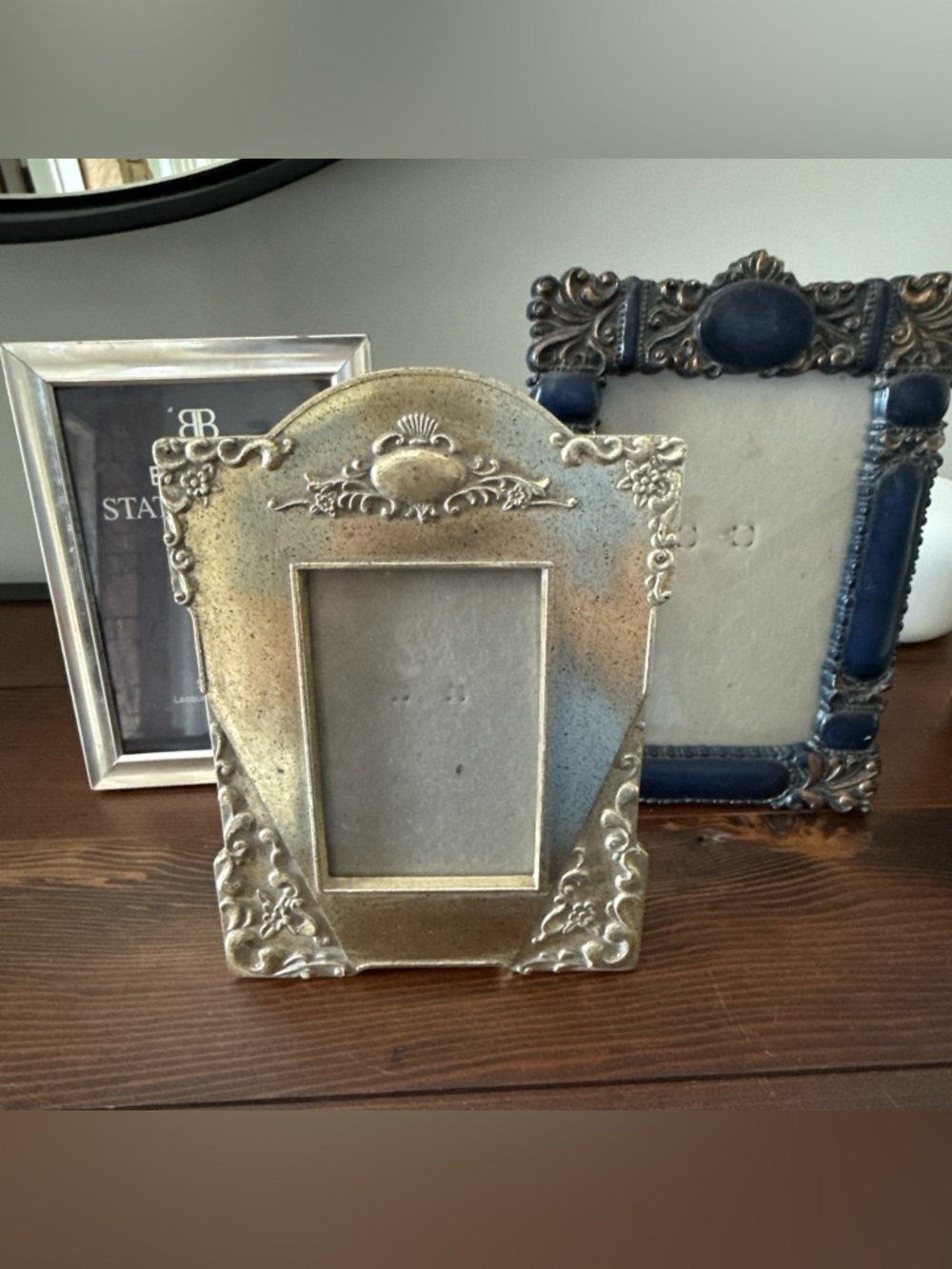 Vintage Ornate Photo Frame Grouping. Silverplate, Distressed Gold, Navy w/ Gold